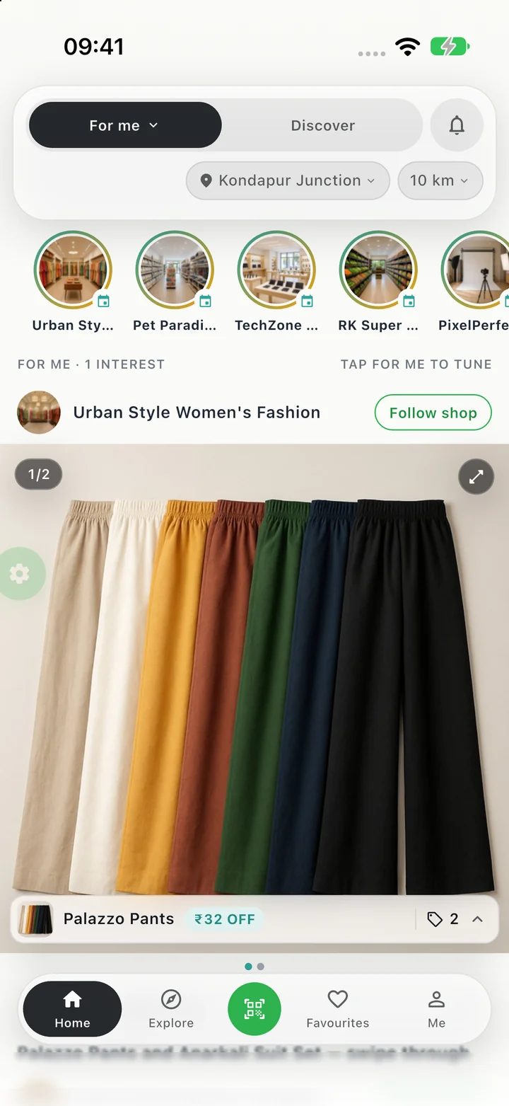 Aadhaa Home feed with shop updates, products and store circles