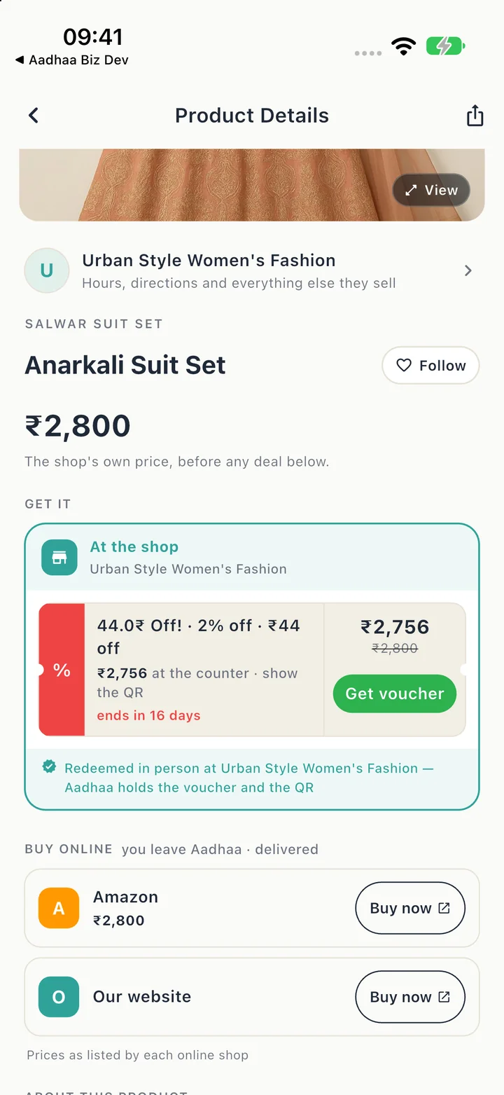 Product page with links to existing online listings
