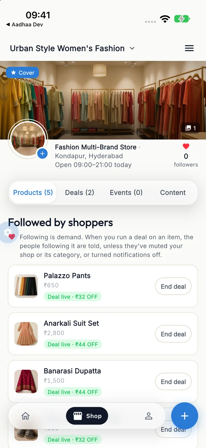 Aadhaa Business dev storefront and Followed by shoppers section